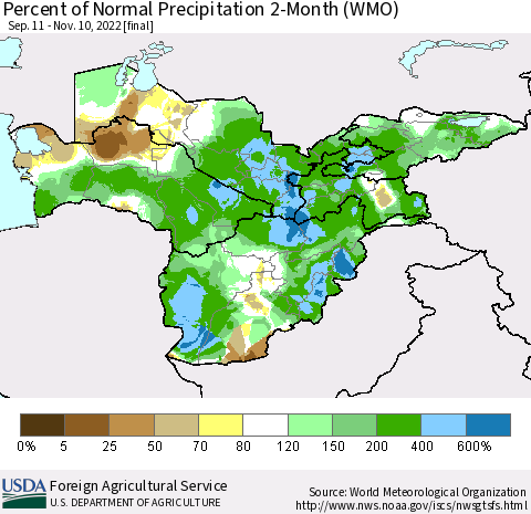 Central Asia Percent of Normal Precipitation 2-Month (WMO) Thematic Map For 9/11/2022 - 11/10/2022