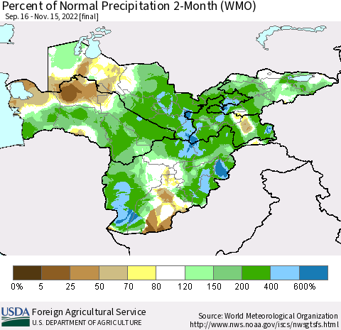 Central Asia Percent of Normal Precipitation 2-Month (WMO) Thematic Map For 9/16/2022 - 11/15/2022