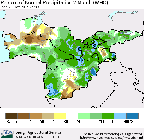 Central Asia Percent of Normal Precipitation 2-Month (WMO) Thematic Map For 9/21/2022 - 11/20/2022