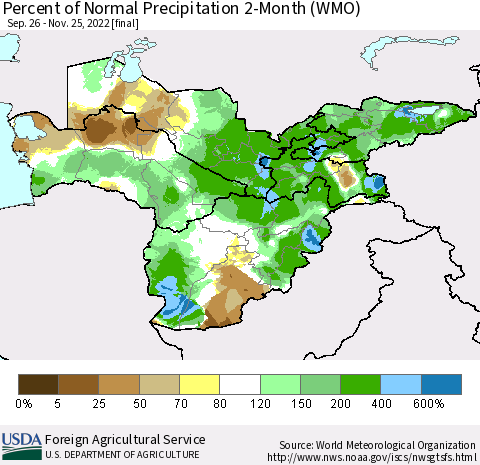 Central Asia Percent of Normal Precipitation 2-Month (WMO) Thematic Map For 9/26/2022 - 11/25/2022