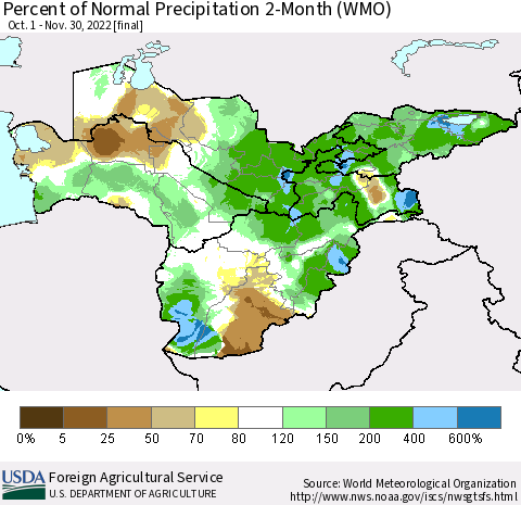 Central Asia Percent of Normal Precipitation 2-Month (WMO) Thematic Map For 10/1/2022 - 11/30/2022