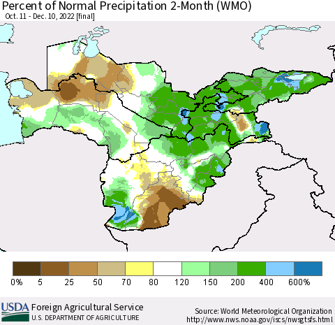 Central Asia Percent of Normal Precipitation 2-Month (WMO) Thematic Map For 10/11/2022 - 12/10/2022