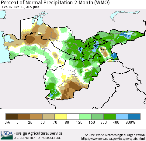 Central Asia Percent of Normal Precipitation 2-Month (WMO) Thematic Map For 10/16/2022 - 12/15/2022