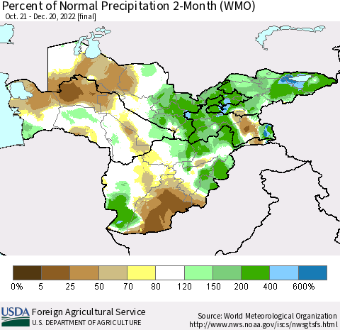Central Asia Percent of Normal Precipitation 2-Month (WMO) Thematic Map For 10/21/2022 - 12/20/2022