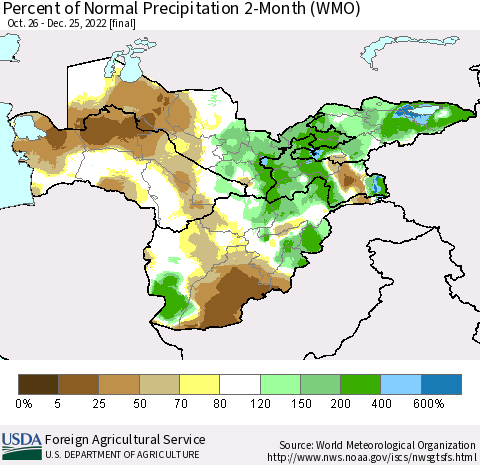 Central Asia Percent of Normal Precipitation 2-Month (WMO) Thematic Map For 10/26/2022 - 12/25/2022