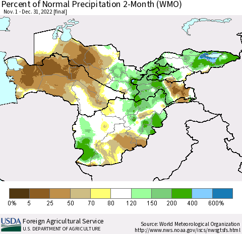 Central Asia Percent of Normal Precipitation 2-Month (WMO) Thematic Map For 11/1/2022 - 12/31/2022