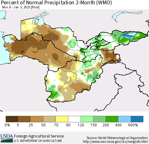 Central Asia Percent of Normal Precipitation 2-Month (WMO) Thematic Map For 11/6/2022 - 1/5/2023