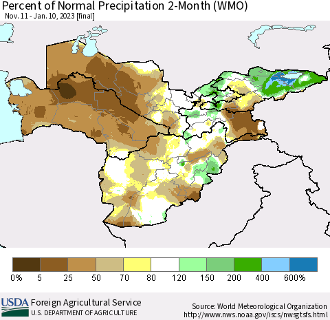 Central Asia Percent of Normal Precipitation 2-Month (WMO) Thematic Map For 11/11/2022 - 1/10/2023