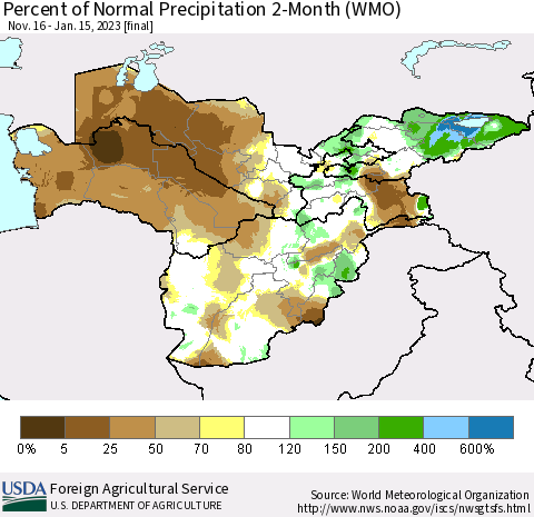 Central Asia Percent of Normal Precipitation 2-Month (WMO) Thematic Map For 11/16/2022 - 1/15/2023