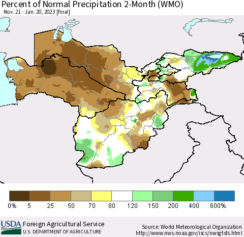 Central Asia Percent of Normal Precipitation 2-Month (WMO) Thematic Map For 11/21/2022 - 1/20/2023