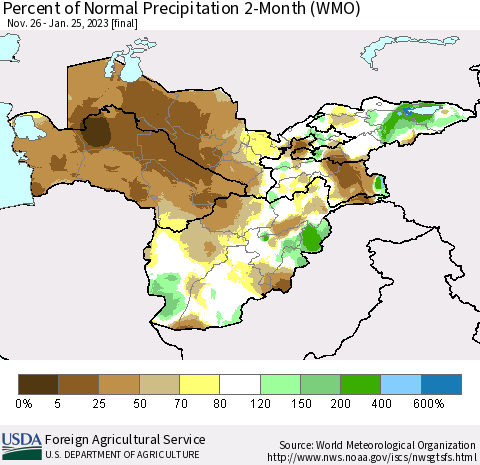 Central Asia Percent of Normal Precipitation 2-Month (WMO) Thematic Map For 11/26/2022 - 1/25/2023