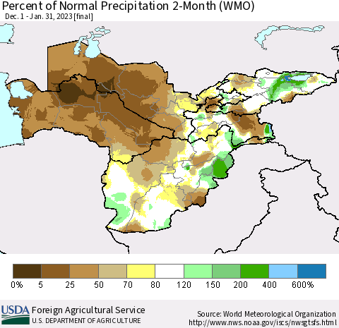 Central Asia Percent of Normal Precipitation 2-Month (WMO) Thematic Map For 12/1/2022 - 1/31/2023