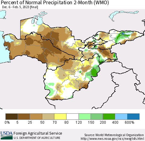 Central Asia Percent of Normal Precipitation 2-Month (WMO) Thematic Map For 12/6/2022 - 2/5/2023