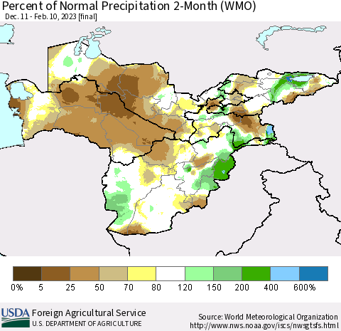Central Asia Percent of Normal Precipitation 2-Month (WMO) Thematic Map For 12/11/2022 - 2/10/2023