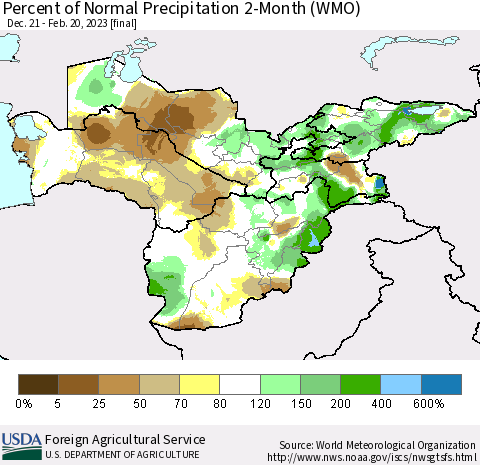 Central Asia Percent of Normal Precipitation 2-Month (WMO) Thematic Map For 12/21/2022 - 2/20/2023