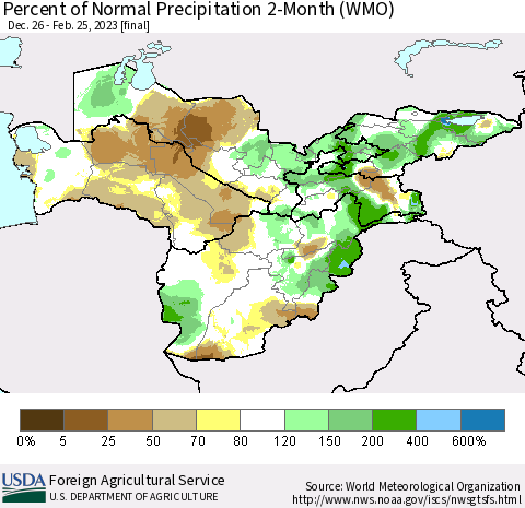 Central Asia Percent of Normal Precipitation 2-Month (WMO) Thematic Map For 12/26/2022 - 2/25/2023