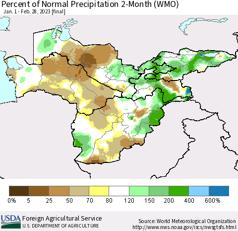 Central Asia Percent of Normal Precipitation 2-Month (WMO) Thematic Map For 1/1/2023 - 2/28/2023