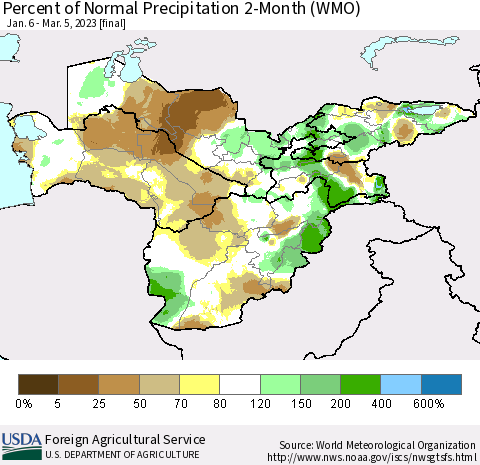 Central Asia Percent of Normal Precipitation 2-Month (WMO) Thematic Map For 1/6/2023 - 3/5/2023