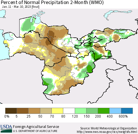 Central Asia Percent of Normal Precipitation 2-Month (WMO) Thematic Map For 1/11/2023 - 3/10/2023