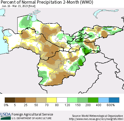 Central Asia Percent of Normal Precipitation 2-Month (WMO) Thematic Map For 1/16/2023 - 3/15/2023