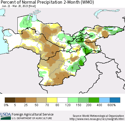 Central Asia Percent of Normal Precipitation 2-Month (WMO) Thematic Map For 1/21/2023 - 3/20/2023
