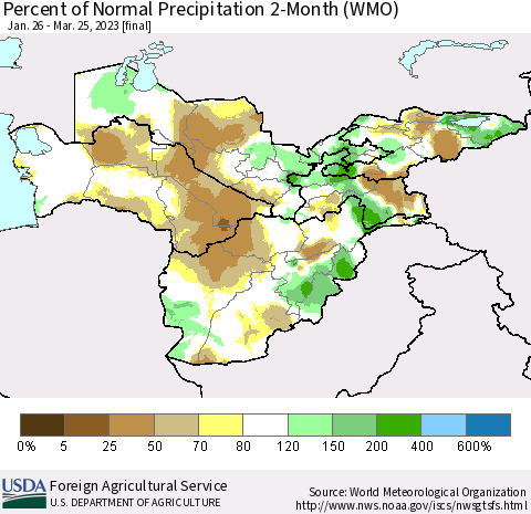 Central Asia Percent of Normal Precipitation 2-Month (WMO) Thematic Map For 1/26/2023 - 3/25/2023