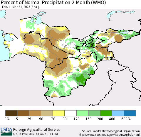 Central Asia Percent of Normal Precipitation 2-Month (WMO) Thematic Map For 2/1/2023 - 3/31/2023
