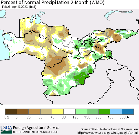 Central Asia Percent of Normal Precipitation 2-Month (WMO) Thematic Map For 2/6/2023 - 4/5/2023