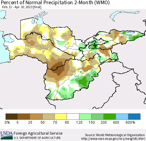 Central Asia Percent of Normal Precipitation 2-Month (WMO) Thematic Map For 2/11/2023 - 4/10/2023