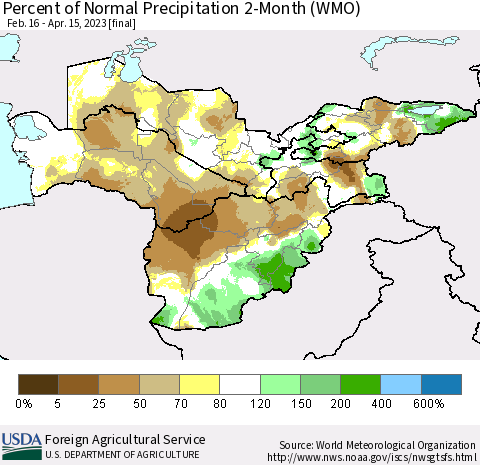 Central Asia Percent of Normal Precipitation 2-Month (WMO) Thematic Map For 2/16/2023 - 4/15/2023