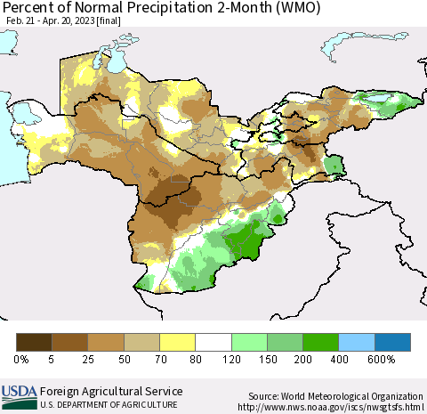 Central Asia Percent of Normal Precipitation 2-Month (WMO) Thematic Map For 2/21/2023 - 4/20/2023