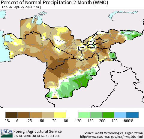 Central Asia Percent of Normal Precipitation 2-Month (WMO) Thematic Map For 2/26/2023 - 4/25/2023