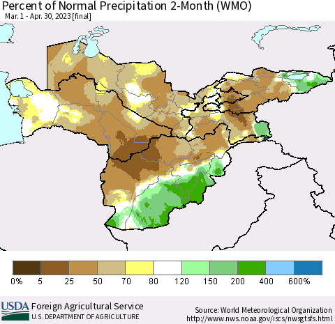 Central Asia Percent of Normal Precipitation 2-Month (WMO) Thematic Map For 3/1/2023 - 4/30/2023