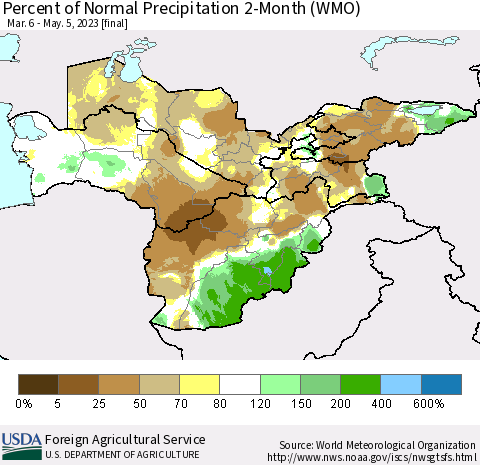 Central Asia Percent of Normal Precipitation 2-Month (WMO) Thematic Map For 3/6/2023 - 5/5/2023