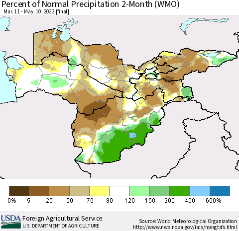 Central Asia Percent of Normal Precipitation 2-Month (WMO) Thematic Map For 3/11/2023 - 5/10/2023