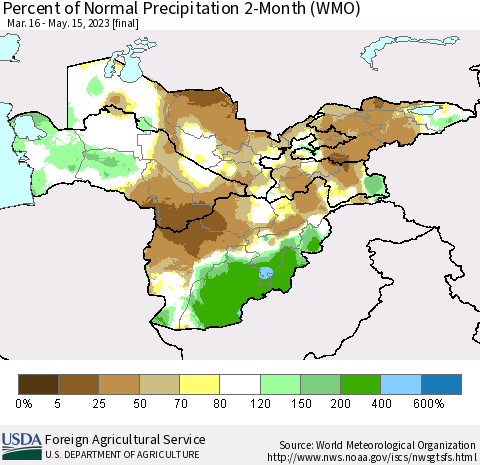 Central Asia Percent of Normal Precipitation 2-Month (WMO) Thematic Map For 3/16/2023 - 5/15/2023