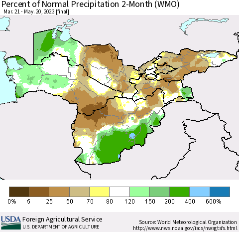 Central Asia Percent of Normal Precipitation 2-Month (WMO) Thematic Map For 3/21/2023 - 5/20/2023