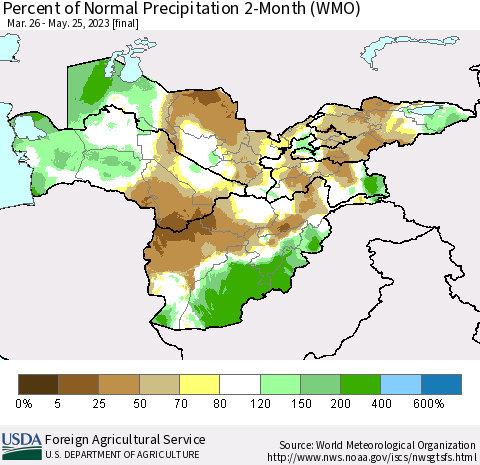 Central Asia Percent of Normal Precipitation 2-Month (WMO) Thematic Map For 3/26/2023 - 5/25/2023