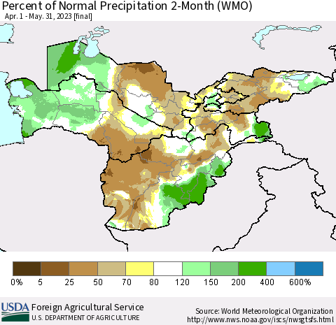 Central Asia Percent of Normal Precipitation 2-Month (WMO) Thematic Map For 4/1/2023 - 5/31/2023
