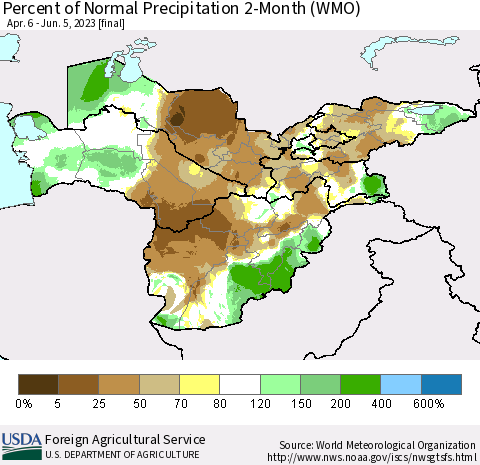 Central Asia Percent of Normal Precipitation 2-Month (WMO) Thematic Map For 4/6/2023 - 6/5/2023