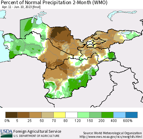 Central Asia Percent of Normal Precipitation 2-Month (WMO) Thematic Map For 4/11/2023 - 6/10/2023