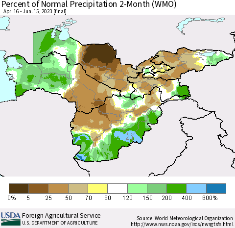 Central Asia Percent of Normal Precipitation 2-Month (WMO) Thematic Map For 4/16/2023 - 6/15/2023