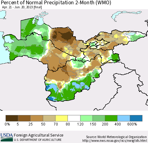 Central Asia Percent of Normal Precipitation 2-Month (WMO) Thematic Map For 4/21/2023 - 6/20/2023