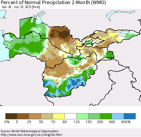 Central Asia Percent of Normal Precipitation 2-Month (WMO) Thematic Map For 4/26/2023 - 6/25/2023