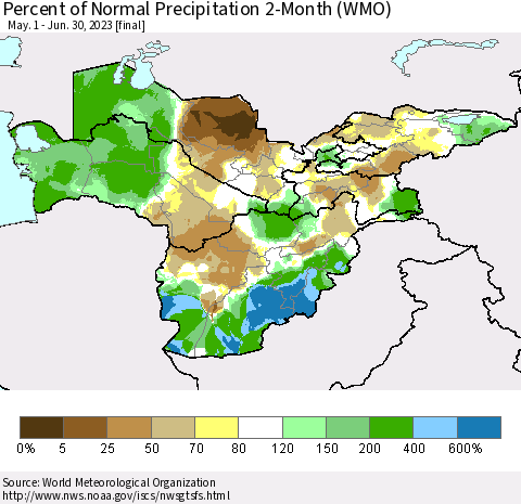 Central Asia Percent of Normal Precipitation 2-Month (WMO) Thematic Map For 5/1/2023 - 6/30/2023