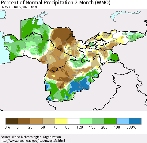 Central Asia Percent of Normal Precipitation 2-Month (WMO) Thematic Map For 5/6/2023 - 7/5/2023