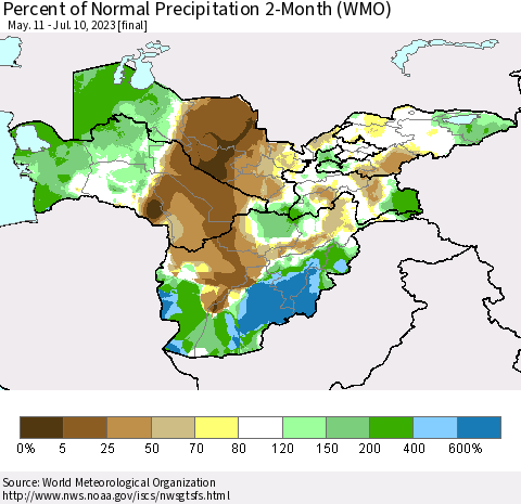 Central Asia Percent of Normal Precipitation 2-Month (WMO) Thematic Map For 5/11/2023 - 7/10/2023