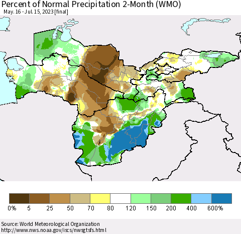 Central Asia Percent of Normal Precipitation 2-Month (WMO) Thematic Map For 5/16/2023 - 7/15/2023