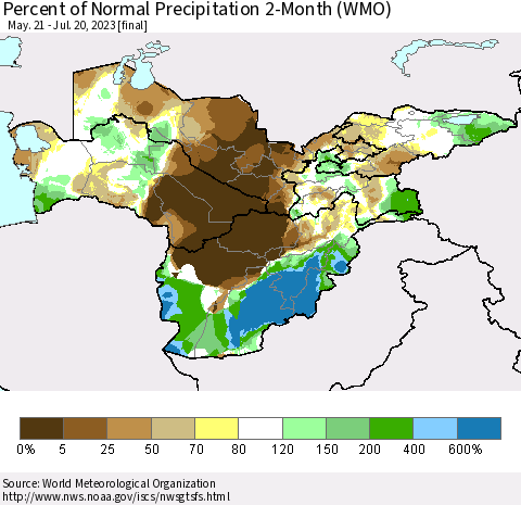 Central Asia Percent of Normal Precipitation 2-Month (WMO) Thematic Map For 5/21/2023 - 7/20/2023
