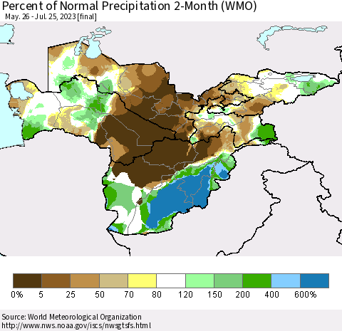 Central Asia Percent of Normal Precipitation 2-Month (WMO) Thematic Map For 5/26/2023 - 7/25/2023